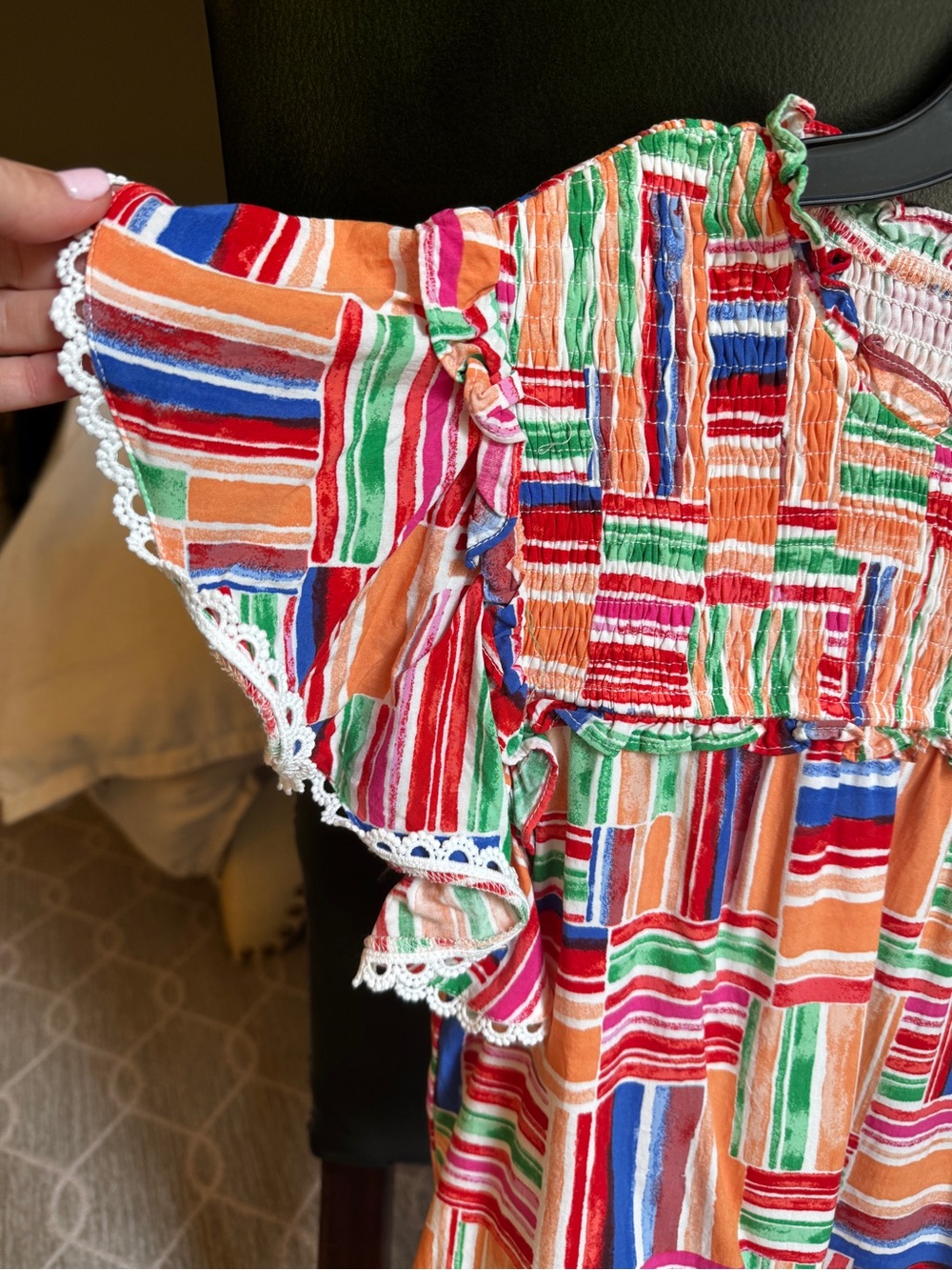 Colorful Patchwork Stripe Ruffle Blouse - Picture 2 of 4